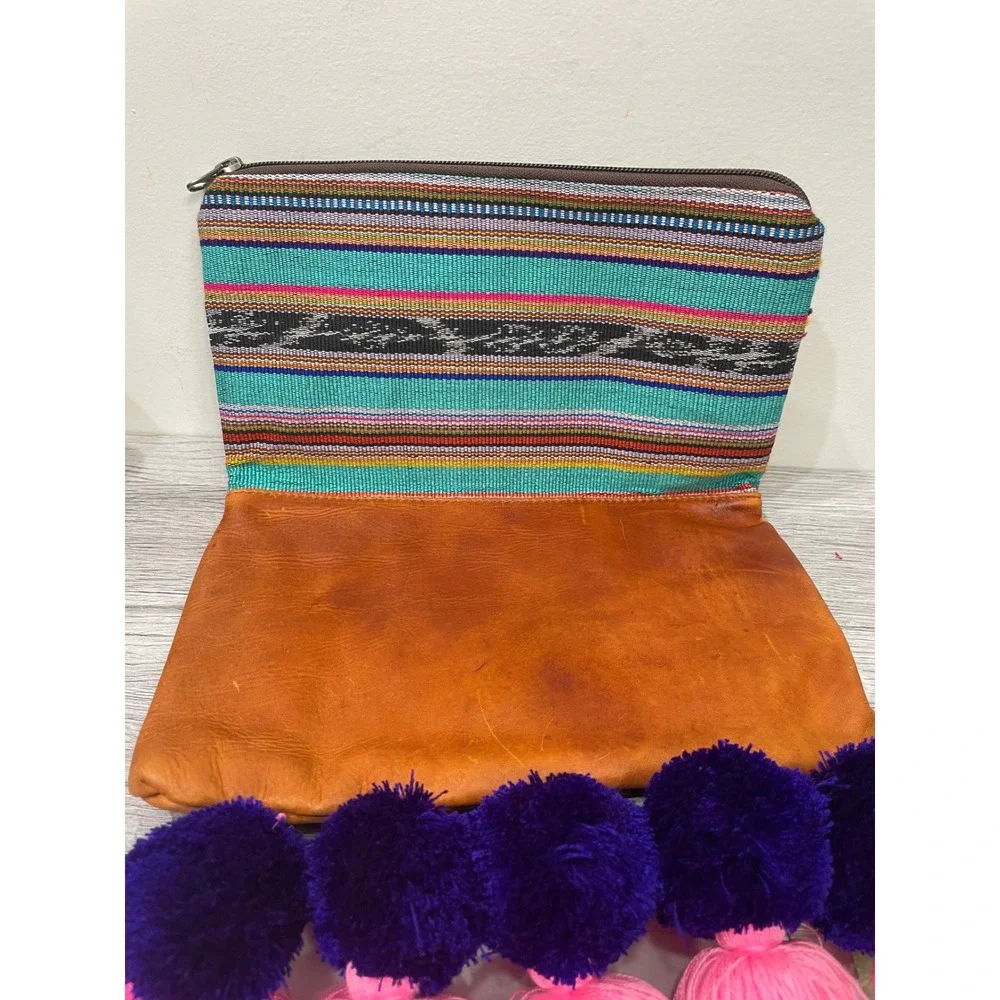 Nena & Co Leather Woven Foldover Clutch Bag with Oversized Tassels Boho Poms
